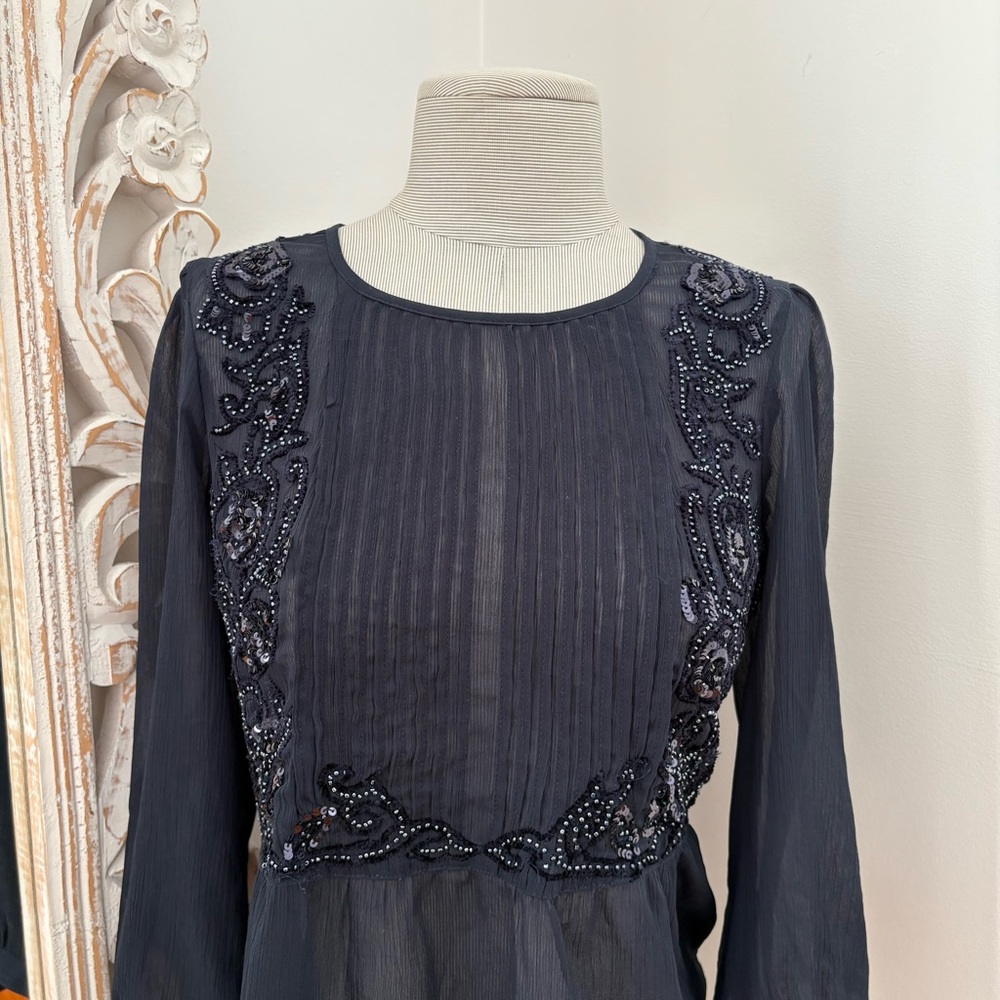 Maeve Navy Sheer Embroidered Blouse